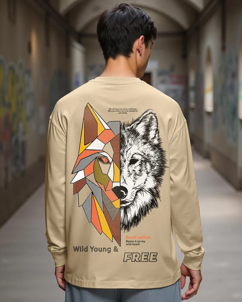بيواكوف Men's Brown Beast Within Graphic Printed Oversized T-shirt